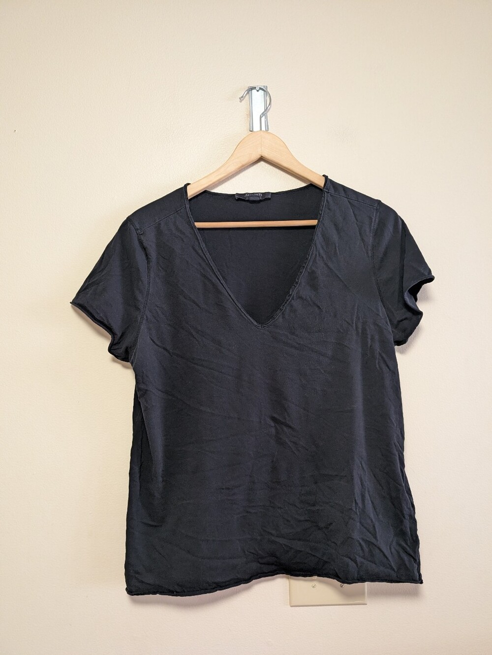 AllSaints Black V Neck Cotton Tee Large Raw Edge Minimalist